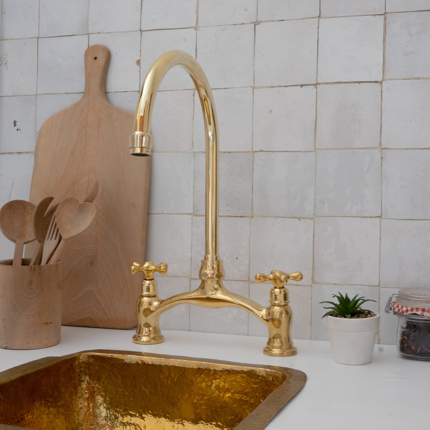 V Shaped Unlacquered Brass Kitchen Faucet