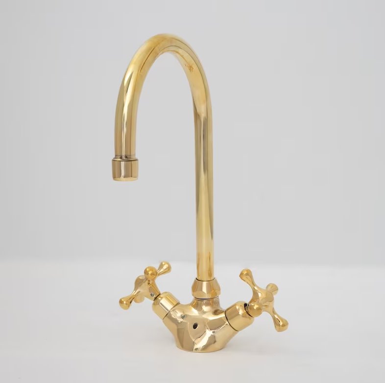 Gooseneck Bathroom Vanity Solid Unlacquered  Brass Faucet