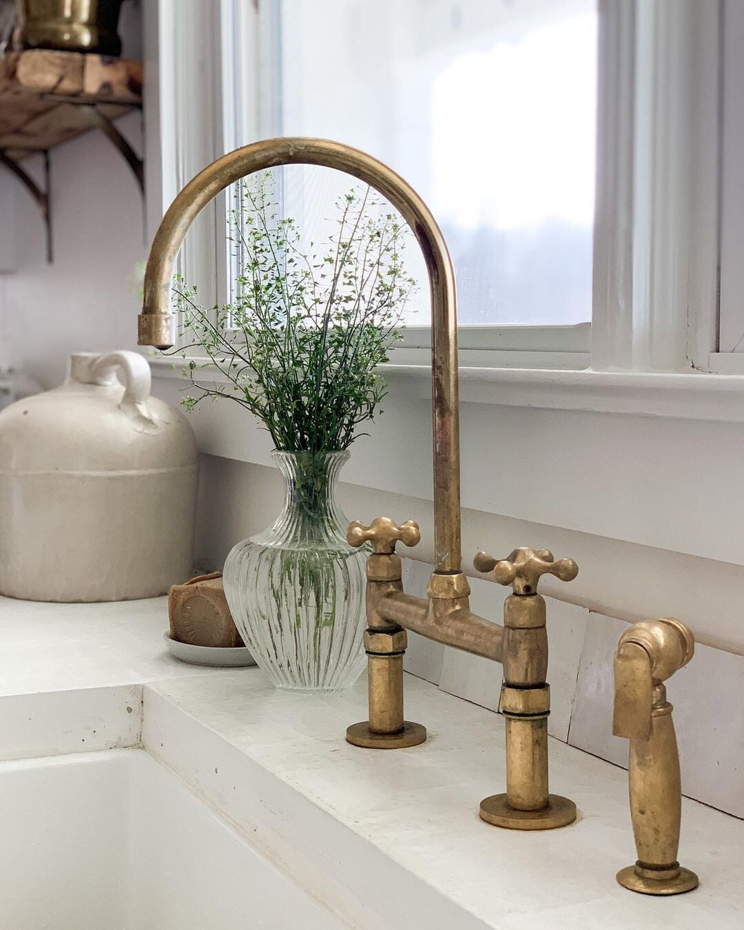 8" spread straight legs Brass Bridge Kitchen Faucet