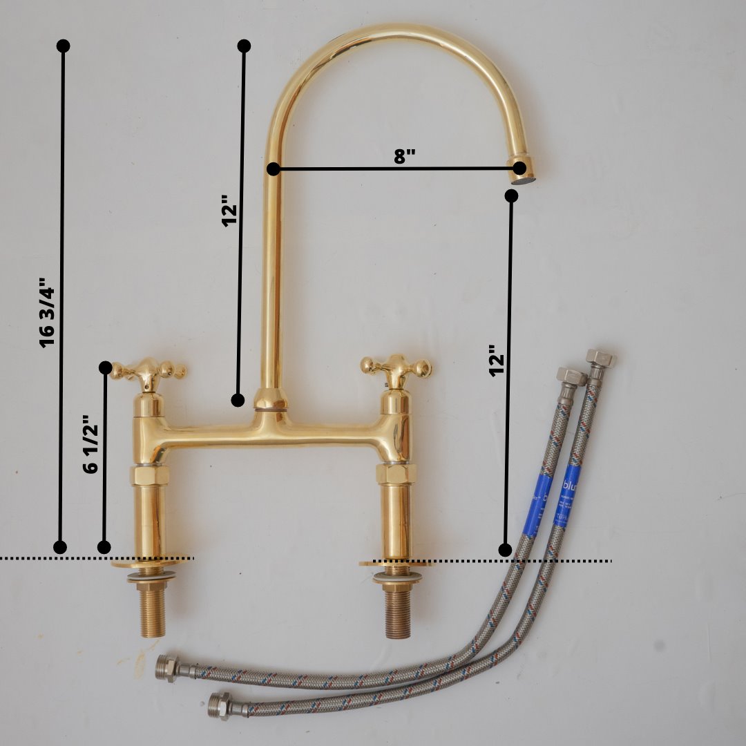 8" spread straight legs Brass Bridge Kitchen Faucet