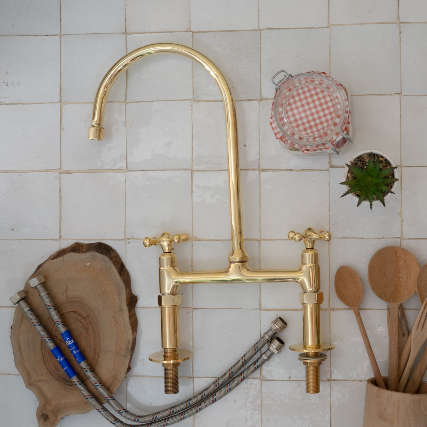 8" spread straight legs Brass Bridge Kitchen Faucet