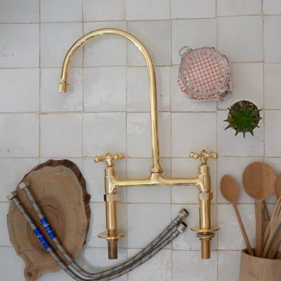 8" spread straight legs Brass Bridge Kitchen Faucet