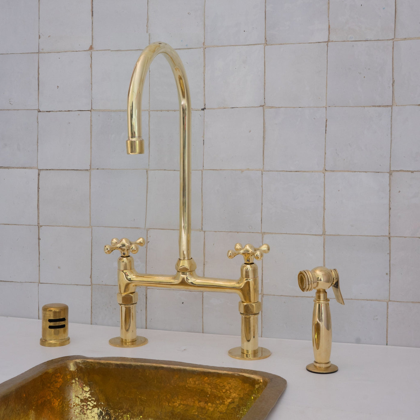 8" spread straight legs Brass Bridge Kitchen Faucet