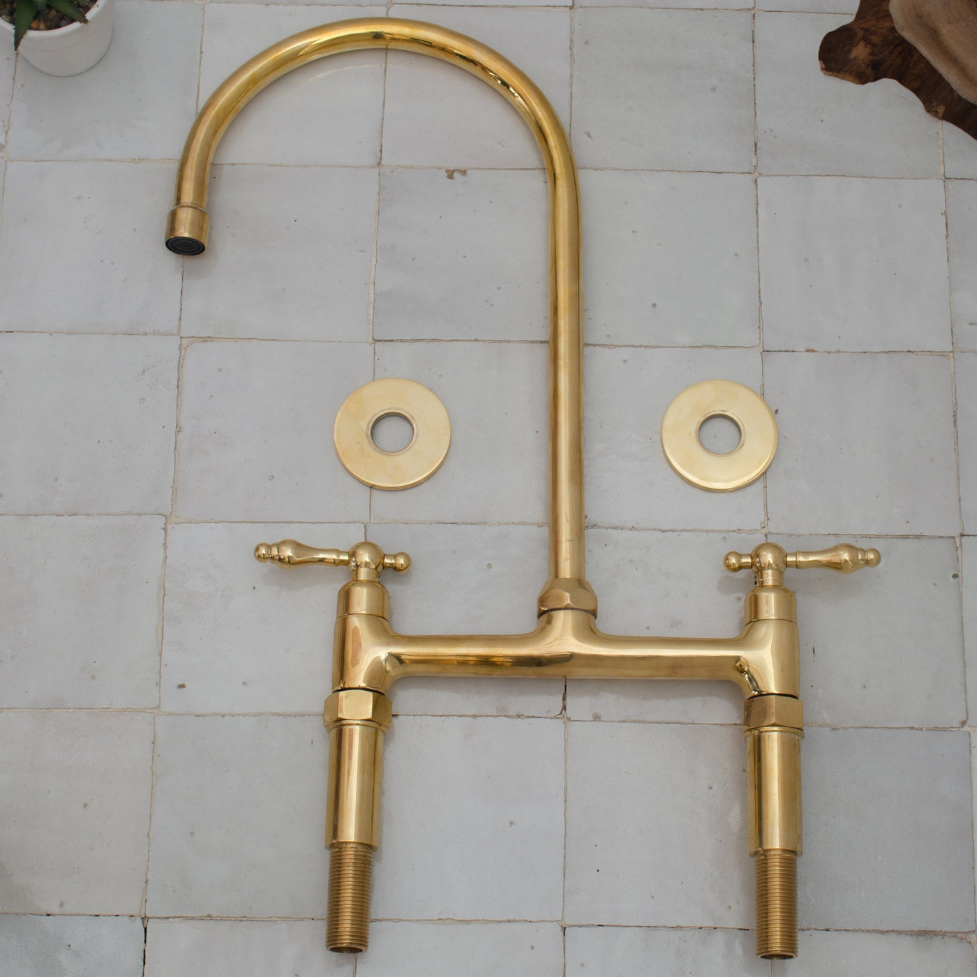 8" spread straight legs Brass Bridge Kitchen Faucet