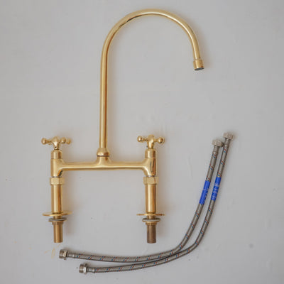 8" spread straight legs Brass Bridge Kitchen Faucet